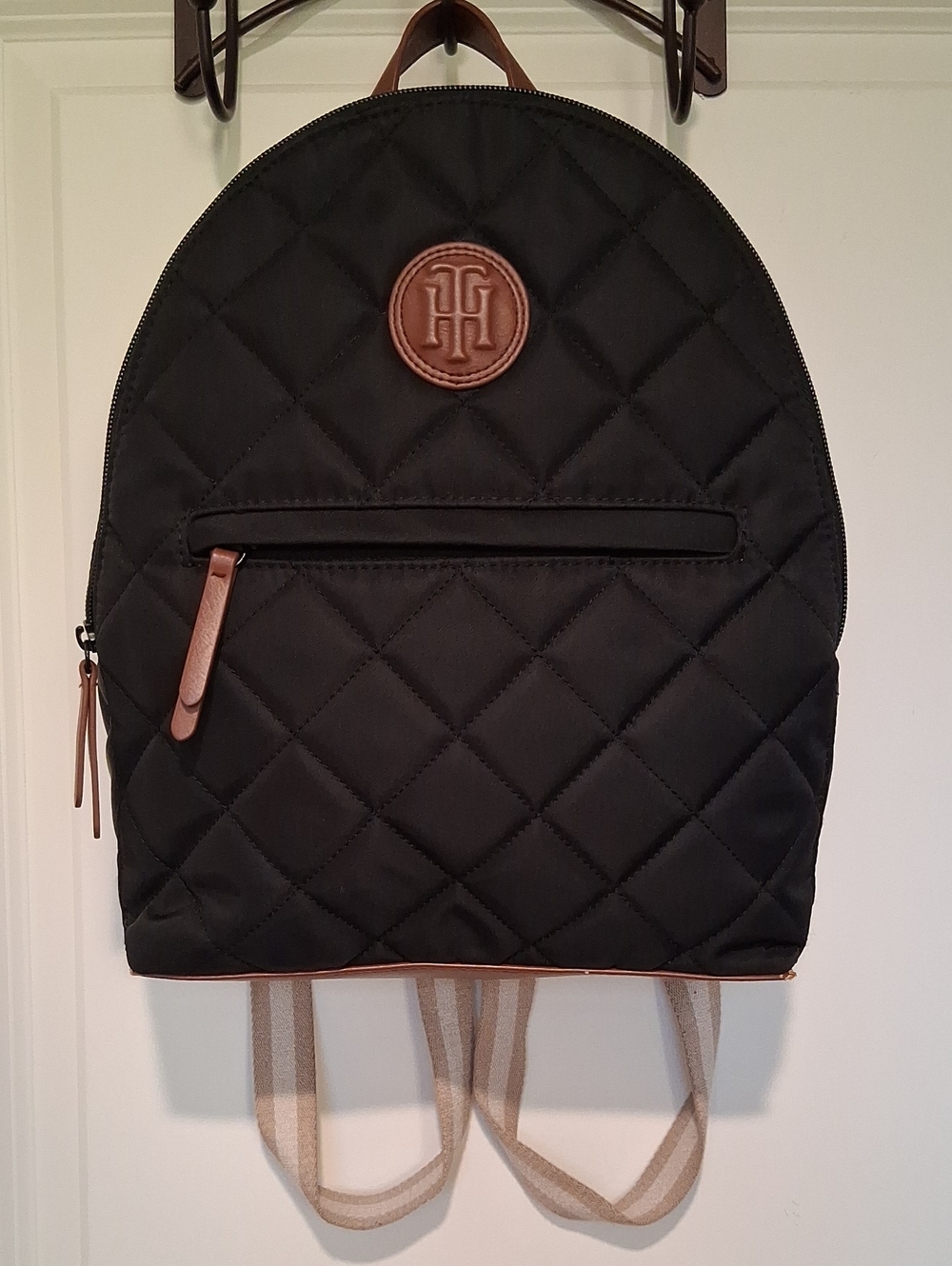 Tommy Hilfiger Quilted Black Backpack with Brown Trim - Women's Bag